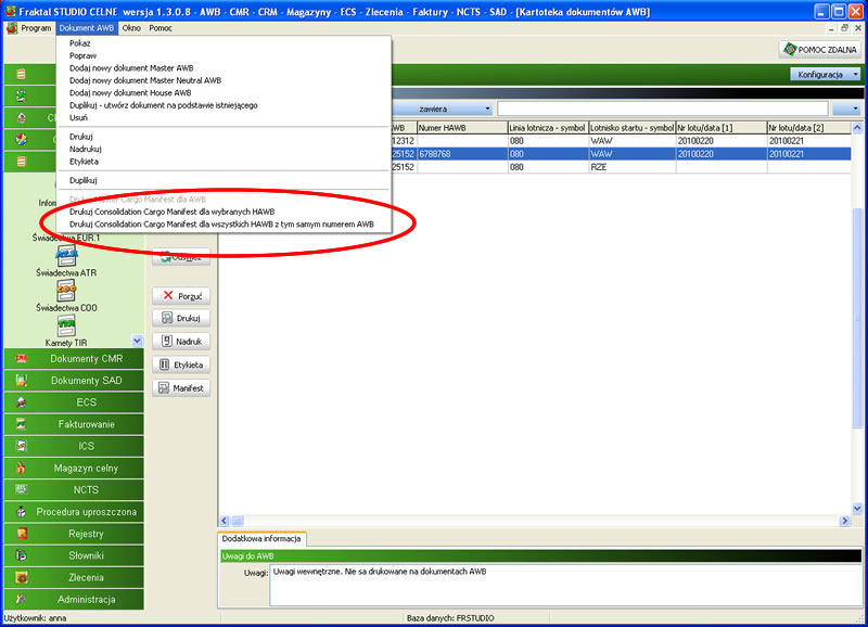 consolidation cargo manifest wydruk